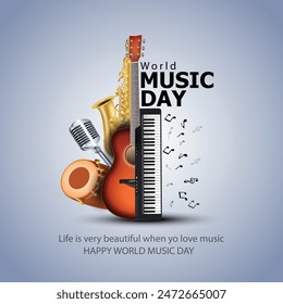 happy world music day and musical instruments with blue background. vector illustration design