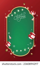 Merry Christmas sign banner frame with empty space and festive decoration on red background