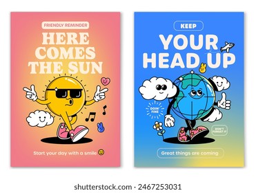 Retro cartoon walking smiled Sun and Ice Earth mascot character surrounded by smiled elements and motivation lettering. Illustration for t-shirt print or poster design. Vector illustration