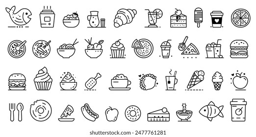 Various food and beverage icons set on a white background. Vector illustration