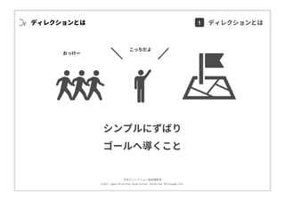 ⽇本ディレクション協会講習部
©2017 Japan Direction Association, Direction Philosophy Div.
ディレクションとは
Direction
シンプルにずばり
ゴールへ導くこと
こっちだよ
おっけー
1 ディレクションとは
 