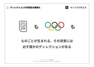 ⽇本ディレクション協会講習部
©2017 Japan Direction Association, Direction Philosophy Div.
も も
ものごとが⽣まれる、その背景には
必ず誰かのディレクションがある
ディレクションの可能性は無限⼤ 4 キャリアの考え⽅
 