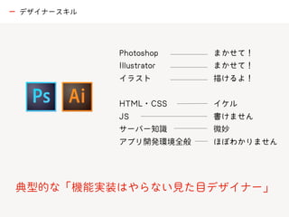 Photoshop
Illustrator
イラスト
HTML・CSS
JS
サーバー知識
アプリ開発環境全般
典型的な「機能実装はやらない見た目デザイナー」
まかせて！
まかせて！
描けるよ！
イケル
書けません
微妙
ほぼわかりません
ー デザイナースキル
 