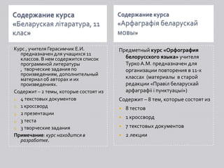 Содержание курса                        Содержание курса
«Беларуская літаратура, 11              «Арфаграфія беларускай
клас»                                   мовы»

Курс , учителя Герасимчик Е.И.          Предметный курс «Орфография
   предназначен для учащихся 11
   классов. В нем содержится список       белорусского языка» учителя
   программной литературы                 Турко А.М. предназначен для
   , творческие задания по                организации повторения в 11-х
   произведениям, дополнительный
   материал об авторах и их               классах (материалы в старой
   произведениях.                         редакции «Правіл беларускай
Содержит – 2 темы, которые состоят из     арфаграфіі і пунктуацыі»)
1. 4 текстовых документов               Содержит – 8 тем, которые состоят из
2. 1 кроссворд
                                           8 тестов
3. 2 презентации
                                           1 кроссворд
4. 3 теста
5. 3 творческие задания                    7 текстовых документов
Примечание: курс находится в               2 лекции
   разработке.
 