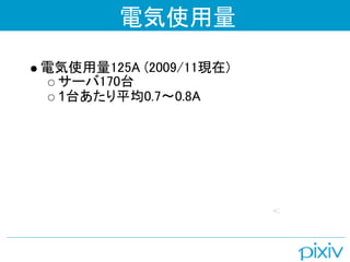 電気使用量

電気使用量125A (2009/11現在)
 サーバ170台
 1台あたり平均0.7〜0.8A
 