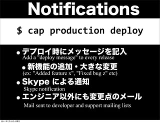 $	
  cap	
  production	
  deploy

                 Add a "deploy message" to every release

                 (ex: "Added feature x", "Fixed bug z" etc)

                 Skype notification

                 Mail sent to developer and support mailing lists

2011   7   19
 