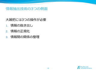 情報抽出技術の3つの側⾯面
⼤大雑把には3つの操作が必要
1.  情報の抜き出し
2.  情報の正規化
3.  情報間の関係の整理理
19	
 