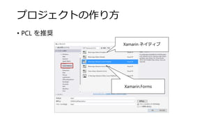 プロジェクトの作り方
• PCL を推奨
Xamarin ネイティブ
Xamarin.Forms
 