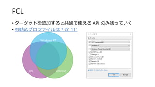 PCL
• ターゲットを追加すると共通で使える API のみ残っていく
• お勧めプロファイルは 7 か 111
iOS Android
Windows RT
 