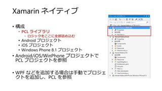 Xamarin ネイティブ
• 構成
• PCL ライブラリ
• ロジックをここに全部詰め込む
• Android プロジェクト
• iOS プロジェクト
• Windows Phone 8.1 プロジェクト
• Android/iOS/WinPhone プロジェクトで
PCL プロジェクトを参照
• WPF などを追加する場合は手動でプロジェ
クトを追加し、PCL を参照
 