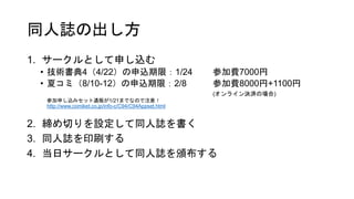 同人誌の出し方
1. サークルとして申し込む
• 技術書典4（4/22）の申込期限：1/24 参加費7000円
• 夏コミ（8/10-12）の申込期限：2/8 参加費8000円+1100円
(オンライン決済の場合)
参加申し込みセット通販が1/21までなので注意！
http://www.comiket.co.jp/info-c/C94/C94Appset.html
2. 締め切りを設定して同人誌を書く
3. 同人誌を印刷する
4. 当日サークルとして同人誌を頒布する
 