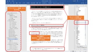 あらかじめ登録した
スタイルのみ利用
校正機能で
表記ゆれ・過度な口語を把握
※直すとは(ry
アウトライン（表題）から
目次作成
 