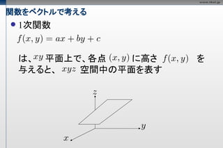 関数をベクトルで考える
   1次関数


    は、 平面上で、各点   に高さ   を
    与えると、  空間中の平面を表す
 