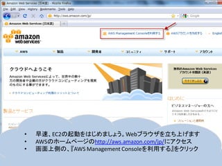 •   早速、EC2の起動をはじめましょう。Webブラウザを立ち上げます
•   AWSのホームページのhttp://aws.amazon.com/jp/にアクセス
•   画面上側の、『AWS Management Consoleを利用する』をクリック
 