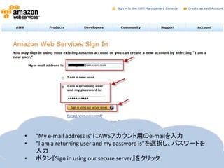 •   “My e-mail address is”にAWSアカウント用のe-mailを入力
•   “I am a returning user and my password is”を選択し、パスワードを
    入力
•   ボタン『Sign in using our secure server』をクリック
 