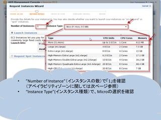 •   ”Number of Instance”（インスタンスの数）で「1」を確認
    （アベイラビリティゾーンに関しては次ページ参照）
•   “Instance Type”(インスタンス種類）で、Microの選択を確認
 