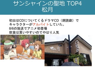 サンシャインの聖地 TOP4
松月
初出はCDについてくるドラマCD（朗読劇）で
キャラクターがアルバイトしていた。
8/6の放送でアニメ初登場
飲食は買いやすいのでやはり人気
 