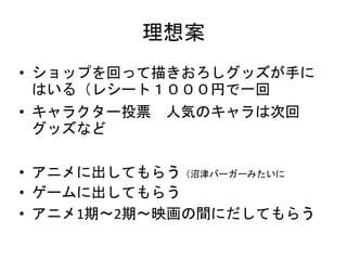 理想案
• ショップを回って描きおろしグッズが手に
はいる（レシート１０００円で一回
• キャラクター投票 人気のキャラは次回
グッズなど
• アニメに出してもらう（沼津バーガーみたいに
• ゲームに出してもらう
• アニメ1期〜2期〜映画の間にだしてもらう
 