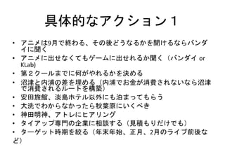 具体的なアクション１
• アニメは9月で終わる、その後どうなるかを聞けるならバンダ
イに聞く
• アニメに出せなくてもゲームに出せれるか聞く（バンダイ or
KLab)
• 第２クールまでに何がやれるかを決める
• 沼津と内浦の差を埋める（内浦でお金が消費されないなら沼津
で消費されるルートを構築）
• 安田旅館、淡島ホテル以外にも泊まってもらう
• 大洗でわからなかったら秋葉原にいくべき
• 神田明神、アトレにヒアリング
• タイアップ専門の企業に相談する（見積もりだけでも）
• ターゲット時期を絞る（年末年始、正月、2月のライブ前後な
ど）
 