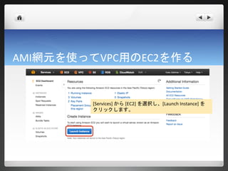 AMI網元を使ってVPC用のEC2を作る


        [Services] から [EC2] を選択し、[Launch Instance] をク
        リックします。
 