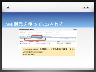 AMI網元を使ってEC2を作る




    [Community AMIs] を選択し、以下の条件で検索します。
    Viewing : Public images
    ami-f50783f4
 