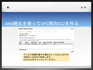 AMI網元を使ってVPC用のEC2を作る




     ディスク容量を増やす場合はここでEditしますが、
     今回はこのままで利用します。
     [Continue]をクリックしてください。
 