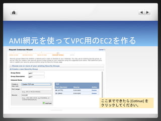 AMI網元を使ってVPC用のEC2を作る




              ここまでできたら [Cotinue] を
              クリックしてください。
 