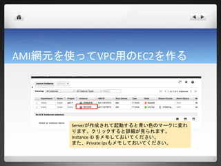 AMI網元を使ってVPC用のEC2を作る




      Serverが作成されて起動すると青い色のマークに変わ
      ります。クリックすると詳細が見られます。
      Instance ID をメモしておいてください。
      また、Private Ipsもメモしておいてください。
 