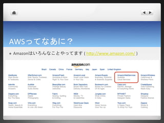 AWSってなあに？
   Amazonはいろんなことやってます ( http://www.amazon.com/ )
 