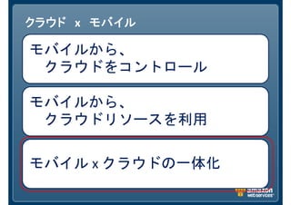 クラウド x モバイル

モバイルから、
 クラウドをコントロール

モバイルから、
 クラウドリソースを利用

モバイル x クラウドの一体化
 