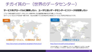 チガイ其の一（世界のデータセンター）
10
https://azure.microsoft.com/ja-jp/regions/https://aws.amazon.com/jp/about-aws/global-infrastructure/
16個のリージョン、43個のAZ（DC） 34個のリージョン
AWS Azure
サービスをグローバルに展開したい、ユーザに近いデータセンターにリソースを配置したい
こういう時は選択できるデータセンターの数が多い方が選択肢の幅が広がり嬉しいですよね。
カバーしているエリアはほぼ一緒ですが、Azureは南アフリカのNorthとWestにリージョンを作る予定のようです。
※Azureの1個のリージョンは複数のデータセンターで構成されていますが、Azure側
でリソースを分散してくれるため、AWSのように自分で選択する必要はありません。
 