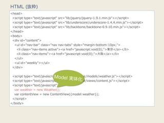 HTML (抜粋)
<head>
    <script  type="text/javascript"  src="lib/jquery/jquery-‐‑‒1.9.1.min.js"></script>
    <script  type="text/javascript"  src="lib/underscore/underscore-‐‑‒1.4.4.min.js"></script>
    <script  type="text/javascript"  src="lib/backbone/backbone-‐‑‒0.9.10.min.js"></script>
</head>
<body>
    <div  id="content">
        <ul  id="nav-‐‑‒bar"  class="nav  nav-‐‑‒tabs"  style="margin-‐‑‒bottom:10px;">
            <li  class="nav-‐‑‒items  active"><a  href="javascript:void(0);">東京</a></li>
            <li  class="nav-‐‑‒items"><a  href="javascript:void(0);">⼤大阪</a></li>
        </ul>
        <ul  id="weekly"></ul>
    </div>
    
    <script  type="text/javascript"  src="lib/backbone/models/weather.js"></script>
                                          Model 実体
                                                           化
    <script  type="text/javascript"  src="lib/backbone/views/content.js"></script>
    <script  type="text/javascript">
        var  weather  =  new  Weather();
        var  contentView  =  new  ContentView({model:weather});
    </script>
</body>
 