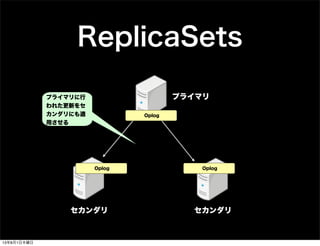 ReplicaSets
プライマリ
セカンダリセカンダリ
プライマリに行
われた更新をセ
カンダリにも適
用させる
Oplog
OplogOplog
13年8月1日木曜日
 