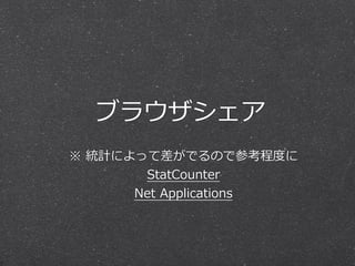 ブラウザシェア
※  統計によって差がでるので参考程度度に
StatCounter
Net  Applications
 