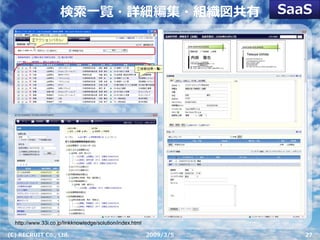 SaaS
                     検索⼀覧・詳細編集・組織図共有




  http://www.33i.co.jp/linkknowledge/solution/index.html

(C) RECRUIT Co., Ltd.                                      2009/3/5      27
 