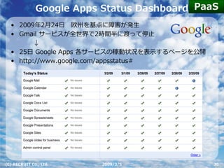 Google Apps Status Dashboard PaaS
  • 2009年2⽉24⽇ 欧州を基点に障害が発⽣
  • Gmail サービスが全世界で2時間半に渡って停⽌
         ↓
  • 25⽇ Google Apps 各サービスの稼動状況を表⽰するページを公開
  • http://www.google.com/appsstatus#




(C) RECRUIT Co., Ltd.     2009/3/5            30
 