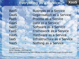 XaaS
                        Everything as a Service

         BaaS               -        Business as a Service
         OaaS               -        Organisation as a Service
         PaaS               -        Process as a Service
         DaaS               -        Data as a Service
         SaaS               -        Software as a Service
         FaaS               -        Framework as a Service
         HaaS               -        Hardware as a Service
         IaaS               -        Infrastructure as a Service
         NaaS               -        Nothing as a Service
         『○aaS のスタック』
         Simon Wardley (2007/08/30)
         http://blog.gardeviance.org/2007/08/sep-boundary-and-more-rough-thoughts.html


(C) RECRUIT Co., Ltd.                    2009/3/5                                        32
 