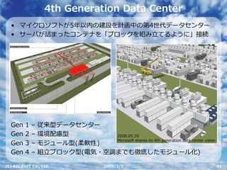 4th Generation Data Center
  • マイクロソフトが5年以内の建設を計画中の第4世代データセンター
  • サーバが詰まったコンテナを「ブロックを組み⽴てるように」接続




  Gen    1   –   従来型データセンター
  Gen    2   –   環境配慮型        2008.09.30
                              Microsoft shares its 4th generation data center vision
  Gen    3   –   モジュール型(柔軟性)
  Gen    4   –   組⽴ブロック型(電気・空調までも徹底したモジュール化)

(C) RECRUIT Co., Ltd.                    2009/3/5                                      41
 