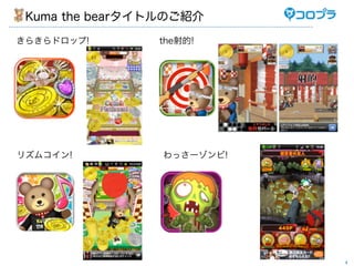 Kuma the bearタイトルのご紹介
きらきらドロップ!       the射的!




リズムコイン!          わっさーゾンビ!




                            4
 