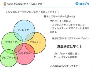 Kuma the bearタイトルのメンバー


 こんな感じで一つのプロジェクトを回しています！

                       基本はスモールチーム(3-4人)

                           プロジェクト初動は、
                           ・エンジニアがプロトタイピング
                           ・ディレクターとデザイナーが企画を
         ディレクター
                           固める

                            後半に別のプログラマーがジョイン
 プログラマー        デザイナー
                              意思決定は早く！

         3Dモデラー             プロジェクト終盤は皆で
プログラマー                      ゲームバランスの調整


                           みんなUnityを使ってます！
                                               7
 