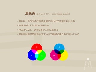 混色系（こんしょくけい）（color mixing system）

・混色は、色や光の三原色を混ぜあわせて表現されたもの
・Red 50% とか Blue 255とか
・RGBやCMY、XYZなどがこれにあたる
・混色系は数学的に扱いやすいので機械が使うのに向いている




             R               C




         B       G       M       Y
 