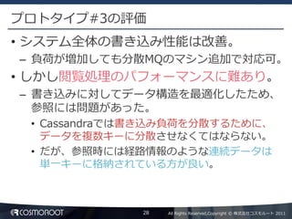 プロトタイプ#3の評価
• システム全体の書き込み性能は改善。
– 負荷が増加しても分散MQのマシン追加で対応可。
• しかし閲覧処理のパフォーマンスに難あり。
– 書き込みに対してデータ構造を最適化したため、
  参照には問題があった。
 • Cassandraでは書き込み負荷を分散するために、
   データを複数キーに分散させなくてはならない。
 • だが、参照時には経路情報のような連続データは
   単一キーに格納されている方が良い。



             28   All Rights Reserved,Copyright © 株式会社コスモルート 2011
 