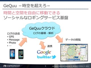 GeQuu －時空を超えろ－
時間と空間を自由に移動できる
ソーシャルなロギングサービス基盤

             GeQuuクラウド
 ログの送信        ログの蓄積・解析
 • GPS
 • Message                                 データの閲覧
 • Photo
 •…                   連携




                  9        All Rights Reserved,Copyright © 株式会社コスモルート 2011
 