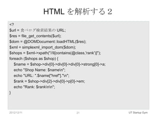 HTML を解析する２
<?
$url = 食べログ検索結果の URL;
$res = file_get_contents($url);
$dom = @DOMDocument::loadHTML($res);
$xml = simplexml_import_dom($dom);
$shops = $xml->xpath("//li[contains(@class,'rank')]");
foreach ($shops as $shop) {
   $name = $shop->div[0]->div[0]->div[0]->strong[0]->a;
   echo "Shop Name: $namen";
   echo "URL: ".$name["href"]."n";
   $rank = $shop->div[2]->div[0]->p[0]->em;
   echo "Rank: $ranknn";
}



2012/12/11                            21                  UT Startup Gym
 