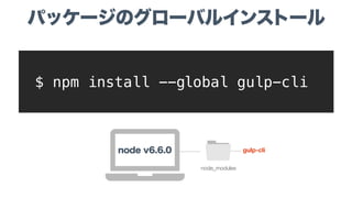 $ npm install --global gulp-cli
パッケージのグローバルインストール
node_modules
node v6.6.0 gulp-cli
 