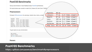 PostCSS Benchmarks 
https://github.com/postcss/benchmark#preprocessors
 