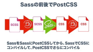 Sassの前後でPostCSS
SassをSassにPostCSSしてから、SassでCSSに
コンパイルして、PostCSSでさらにコンパイル
 