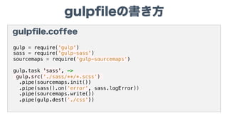 gulpﬁleの書き方
gulpﬁle.coffee
gulp = require('gulp')
sass = require('gulp-sass')
sourcemaps = require('gulp-sourcemaps')
gulp.task 'sass', ->
gulp.src('./sass/**/*.scss')
.pipe(sourcemaps.init())
.pipe(sass().on('error', sass.logError))
.pipe(sourcemaps.write())
.pipe(gulp.dest('./css'))
 