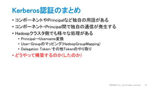 • コンポーネントやPrincipalなど独自の用語がある
• コンポーネント・Principal間で独自の通信が発生する
• Hadoopクラスタ側でも様々な処理がある
• Principal→Username変換
• User・Groupのマッピング(HadoopGroupMapping)
• Delegation Token/その他Tokenのやり取り
• どうやって構築するのか(したのか)
Kerberos認証のまとめ
DWANGO Co., Ltd. all rights reserved. 27
 