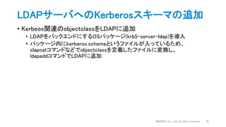 • Kerbeos関連のobjectclassをLDAPに追加
• LDAPをバックエンドにするOSパッケージ(krb5-server-ldap)を導入
• パッケージ内にkerberos.schemaというファイルが入っているため、
slapcatコマンドなどでobjectclassを定義したファイルに変換し、
ldapaddコマンドでLDAPに追加
LDAPサーバへのKerberosスキーマの追加
DWANGO Co., Ltd. all rights reserved. 32
 